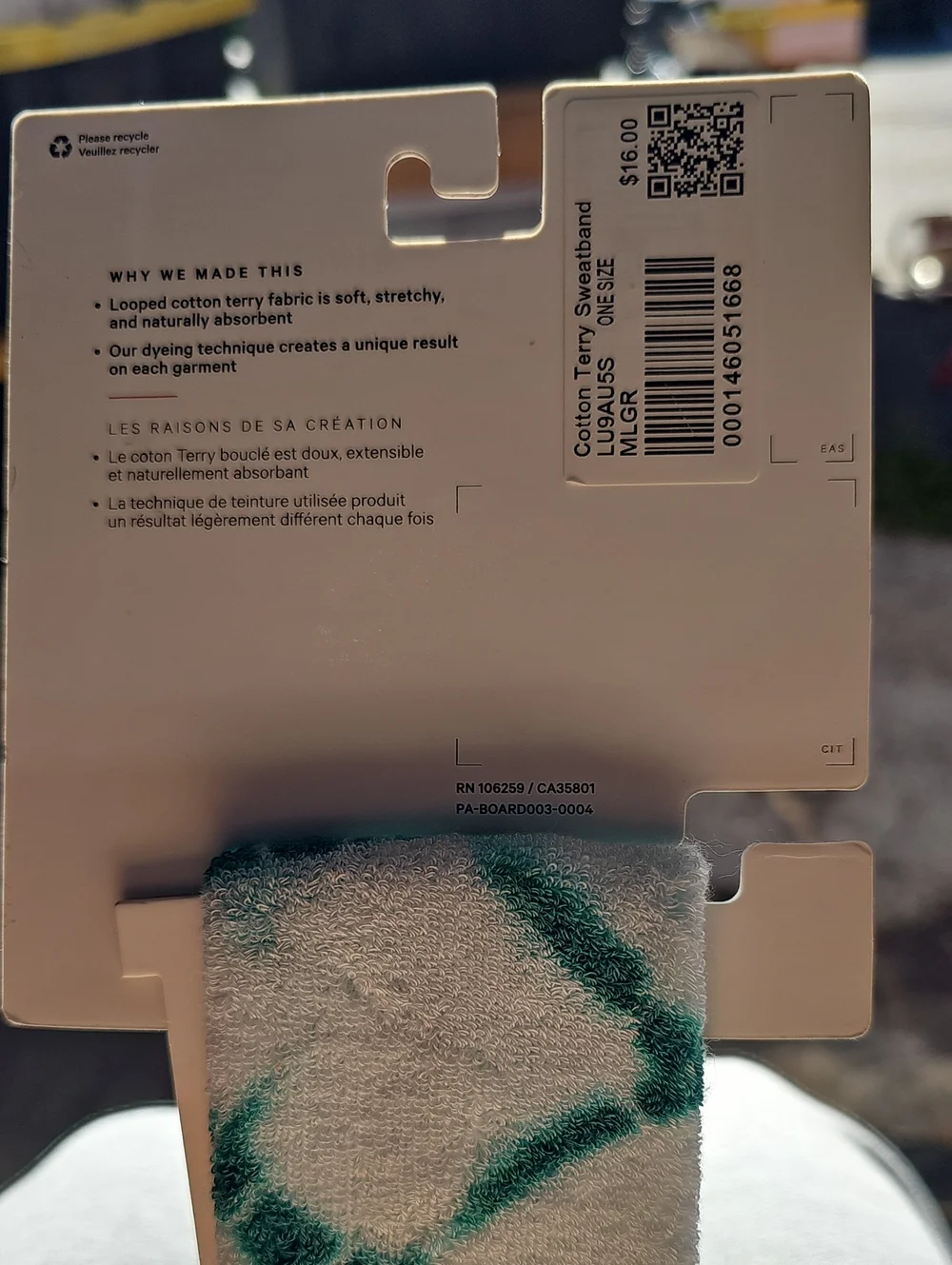 lululemon Cotton Terry All Sport Sweatband Maldives Green One Size New NWT